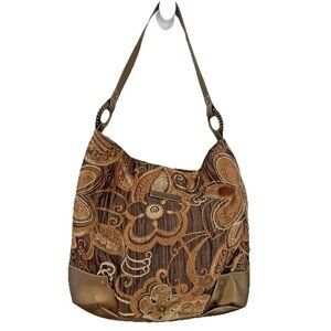 Caribbean Joe Shoulder Handbag Tote Brown Floral Tapestry Faux Leather Trim Boho